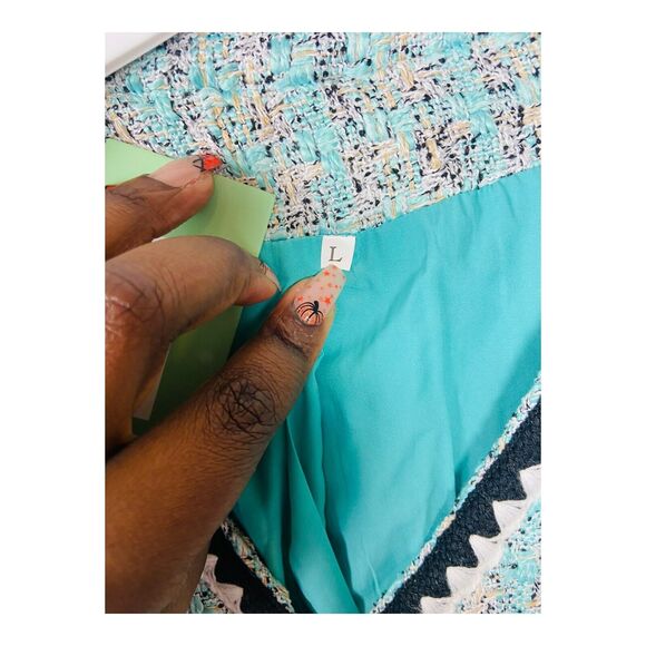 NWT LifeShe Tweed Jackie Button Up V Neck Short Sleeve Mini Dress Blue Lined L - Picture 9 of 14